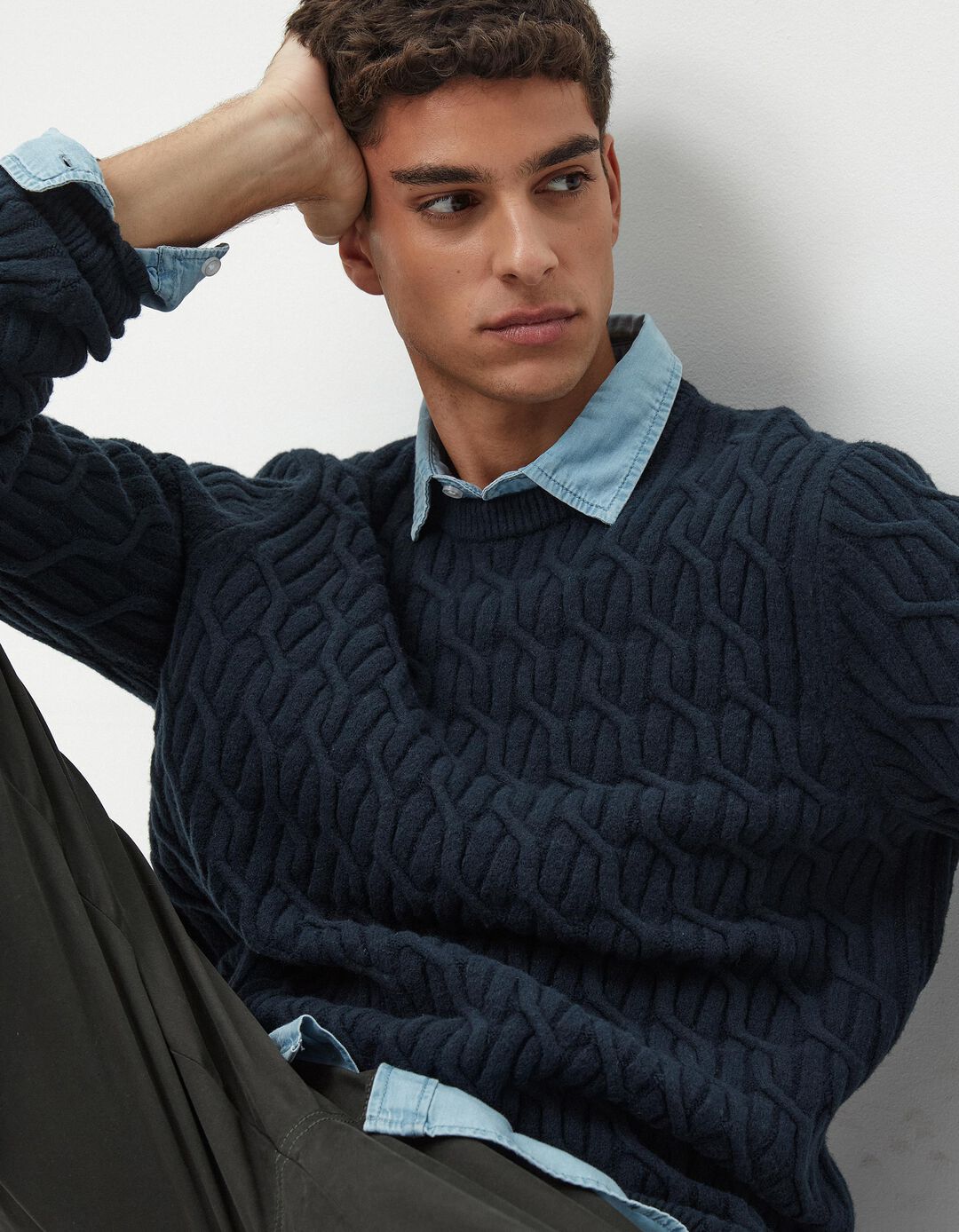 Camisola de Malha Entrançada, Homem, Azul Escuro