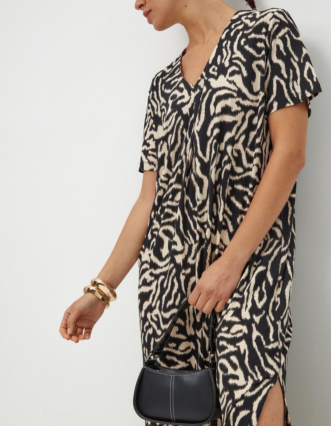 Vestido Estampado Decote em V, Mulher, Bege