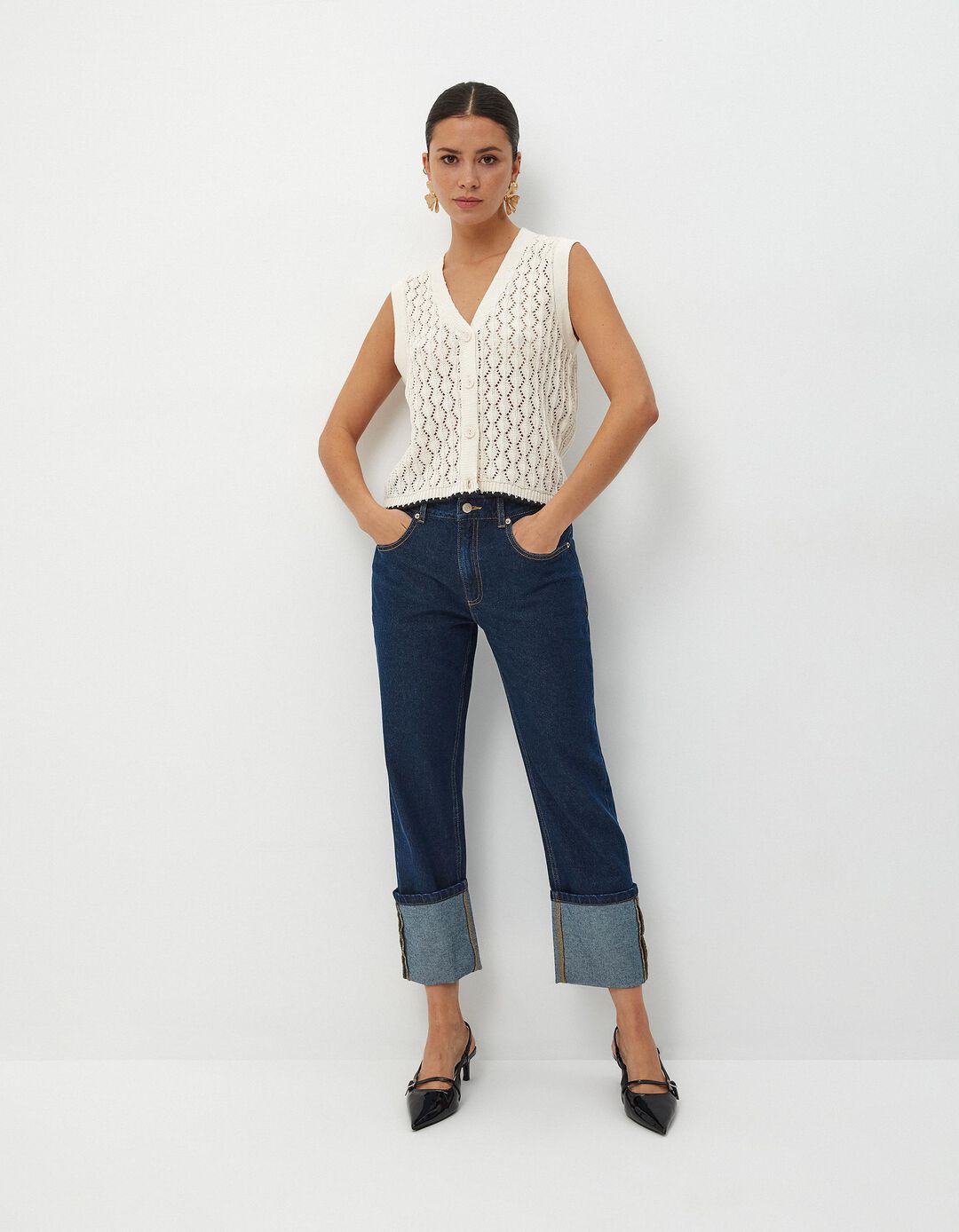 Calças de Ganga 'Slim fit' Dobra, Mulher, Azul Escuro