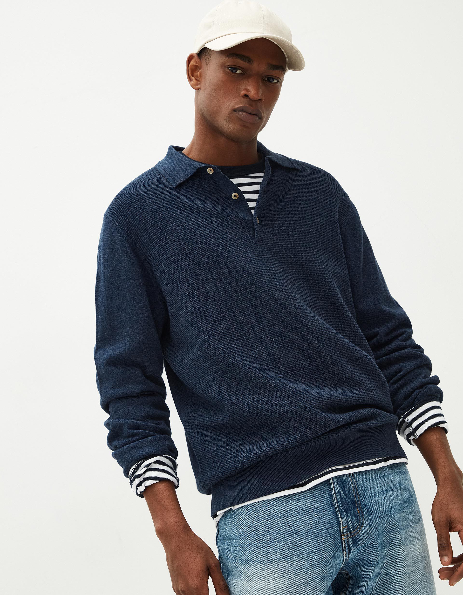 Polo de Malha Manga Comprida, Homem, Azul