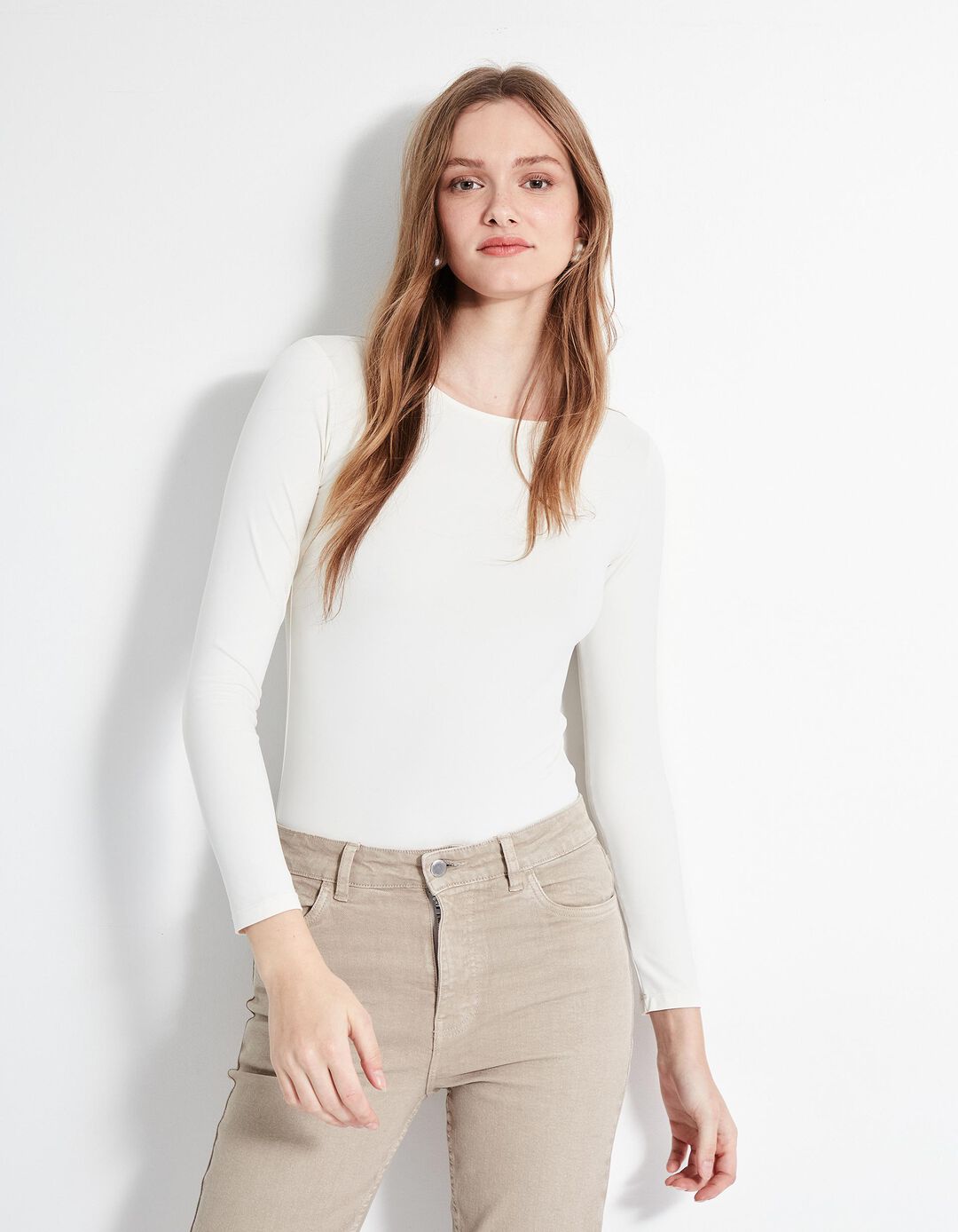 Body de Manga Comprida, Mulher, Bege Claro