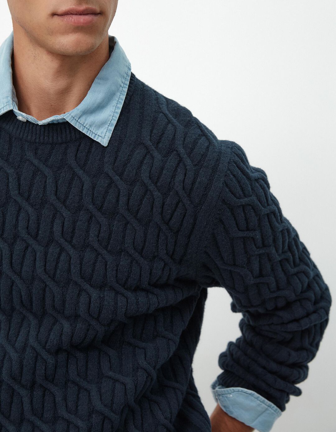 Camisola de Malha Entrançada, Homem, Azul Escuro