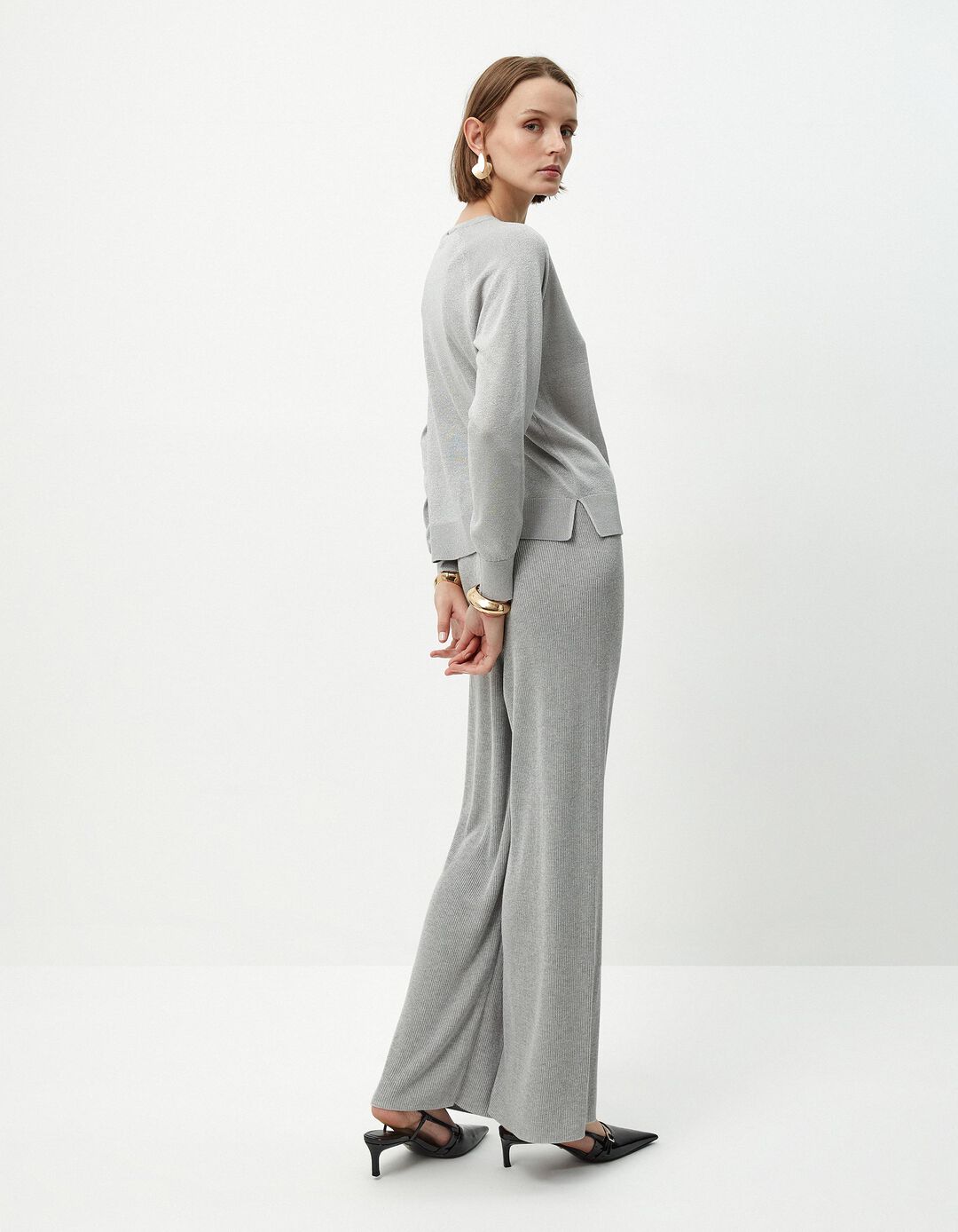 Calças de Malha Canelada Lurex, Mulher, Cinzento Claro