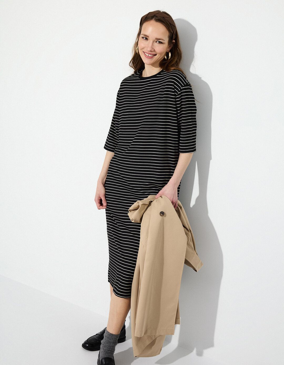 Vestido T-shirt Riscas, Mulher, Preto