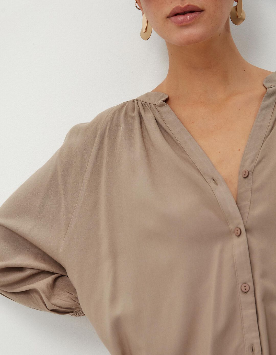 Blusa Decote em V, Mulher, Bege Escuro