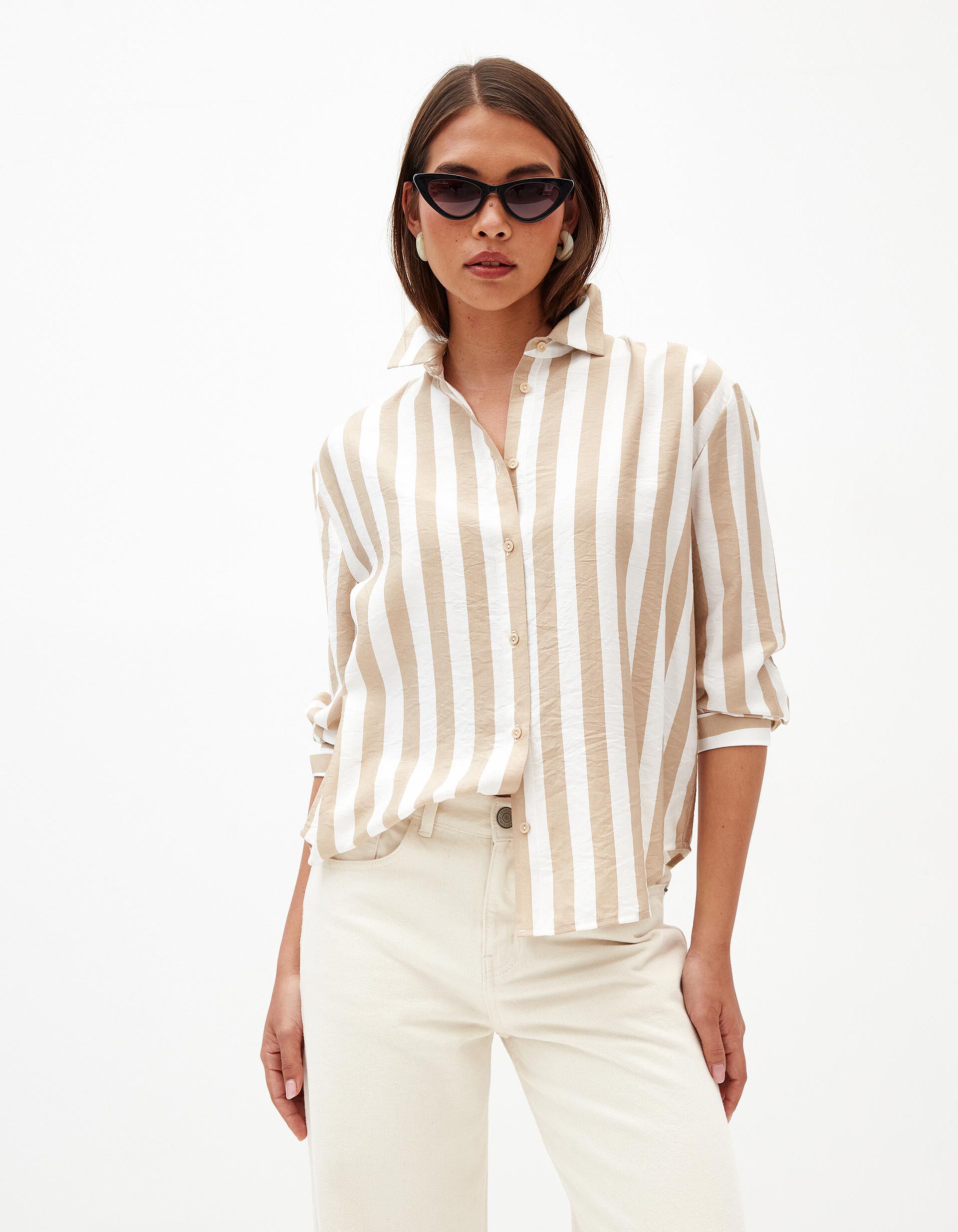 Camisa de Manga Comprida Riscas, Mulher, Bege