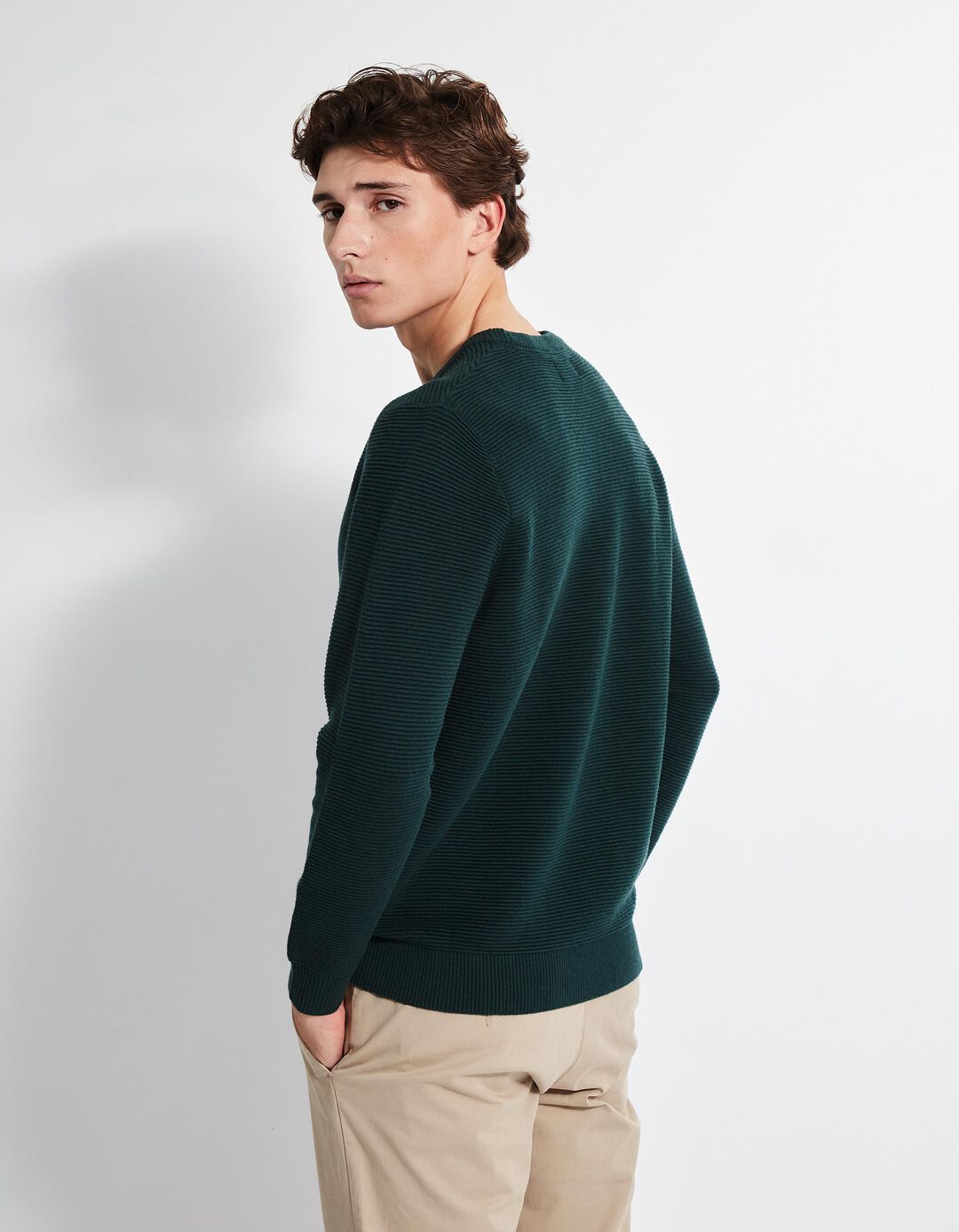 Camisola Malha Otomana Decote Redondo, Homem, Verde Escuro