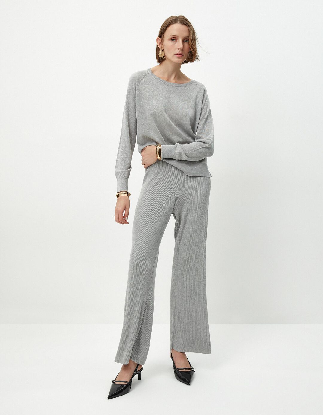 Calças de Malha Canelada Lurex, Mulher, Cinzento Claro