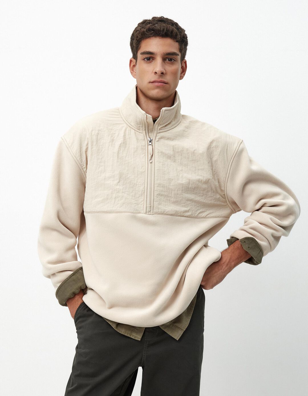 Sweatshirt Polar Fecho de Correr, Homem, Bege Claro