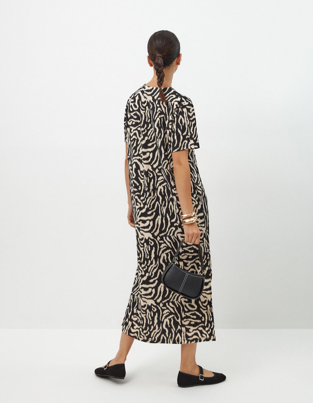 Vestido Estampado Decote em V, Mulher, Bege