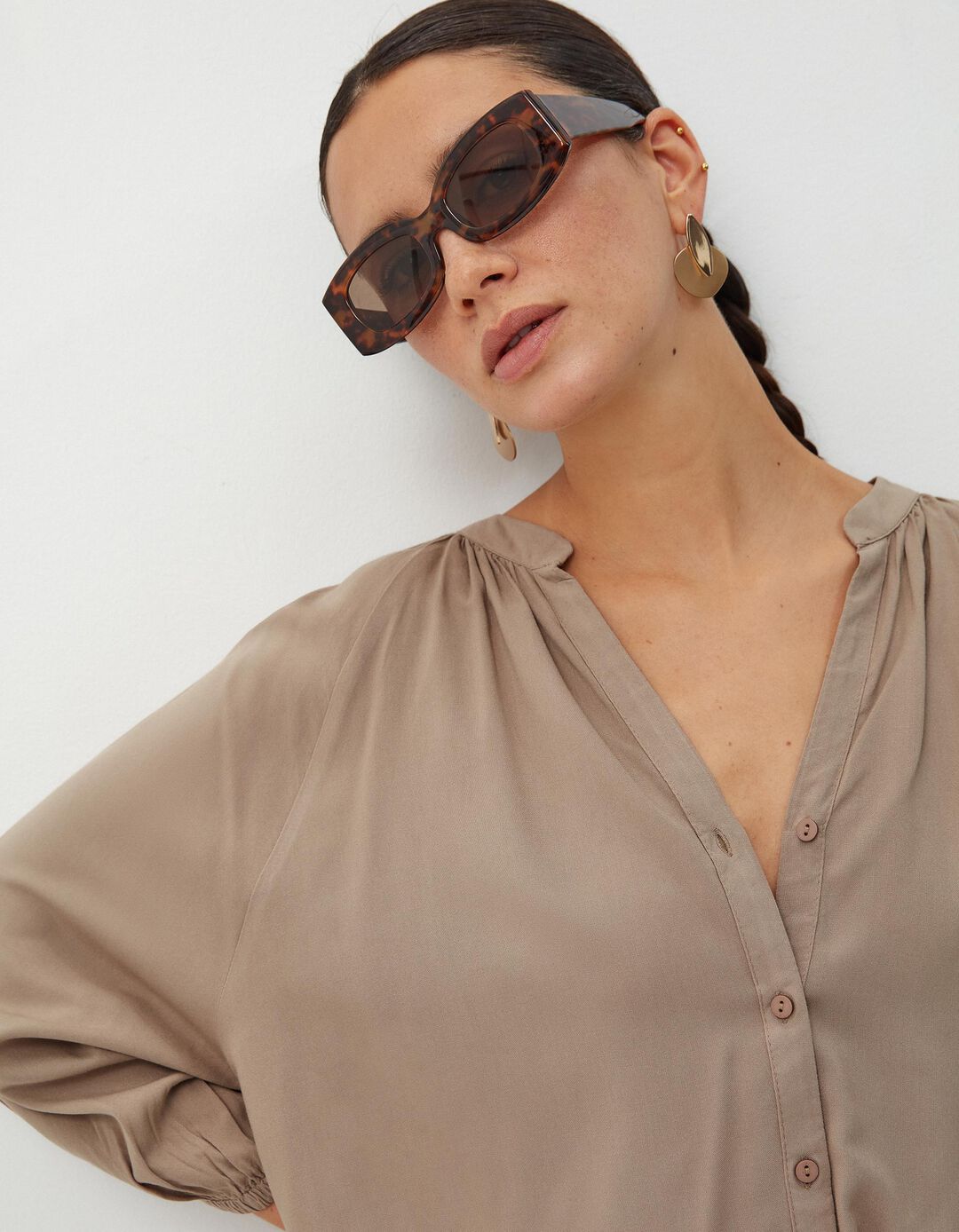 Blusa Decote em V, Mulher, Bege Escuro