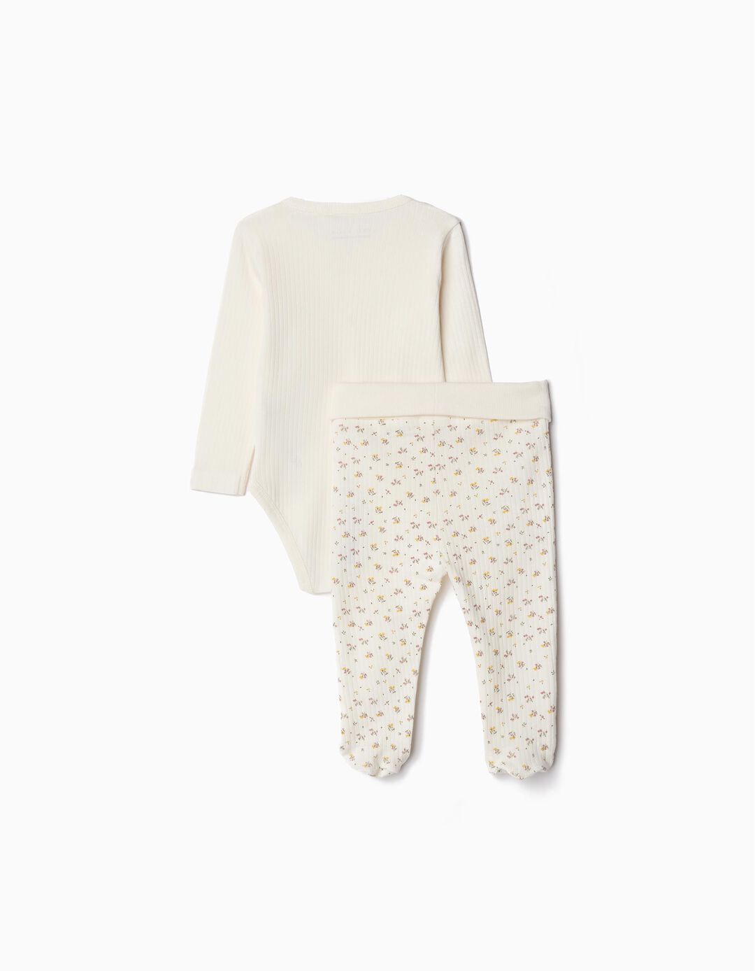 Conjunto Canelado Body de Manga Comprida + Calças Pés, Menina, Bege Claro
