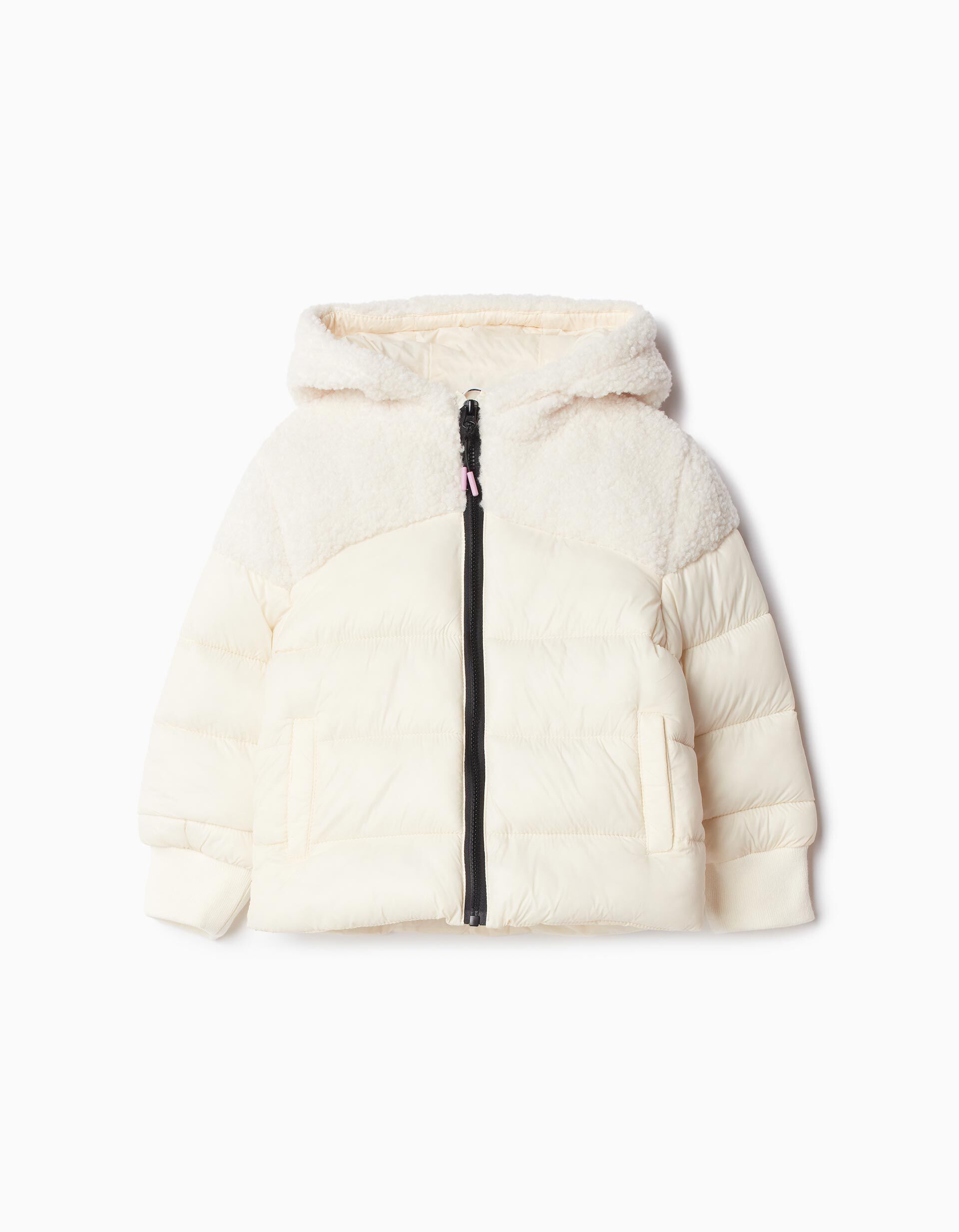 Casaco Acolchoado Capuz Sherpa, Menina, Branco