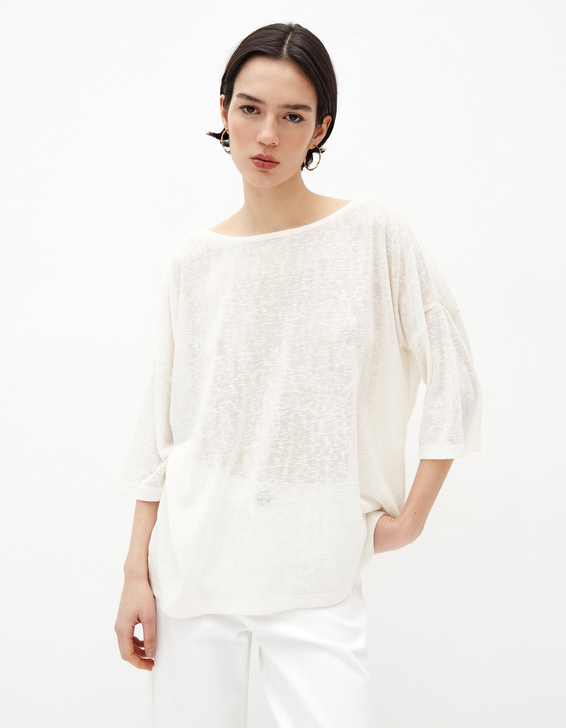 Comprar Online T-shirt de Manga Comprida, Mulher, Bege Claro