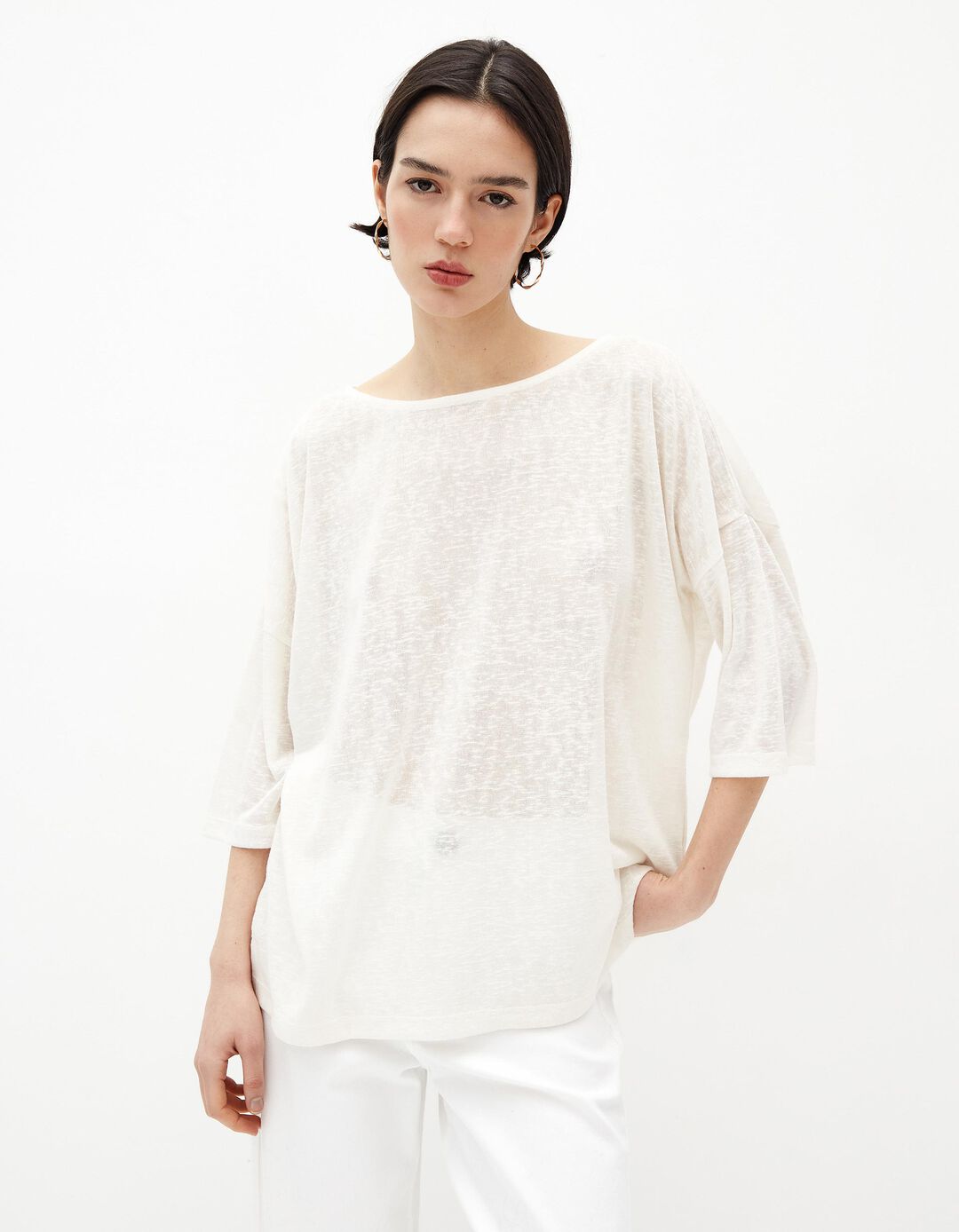 T-shirt de Manga Comprida, Mulher, Bege Claro