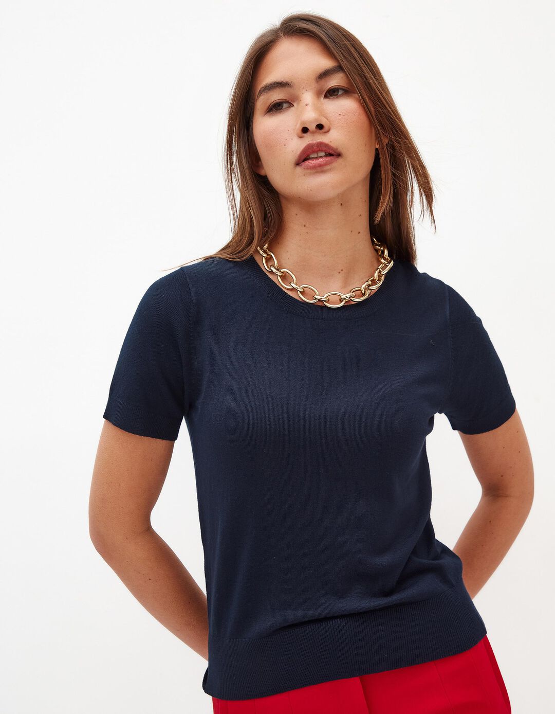 T-shirt de Malha Fina, Mulher, Azul Escuro