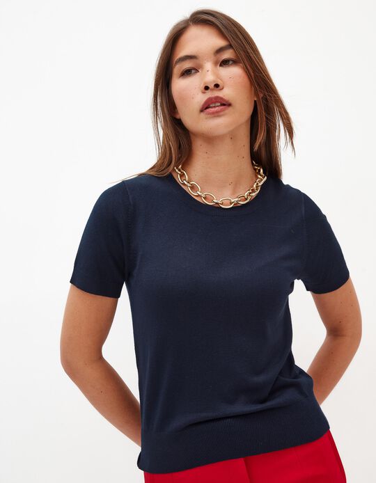 Comprar Online T-shirt de Malha Fina, Mulher, Azul Escuro