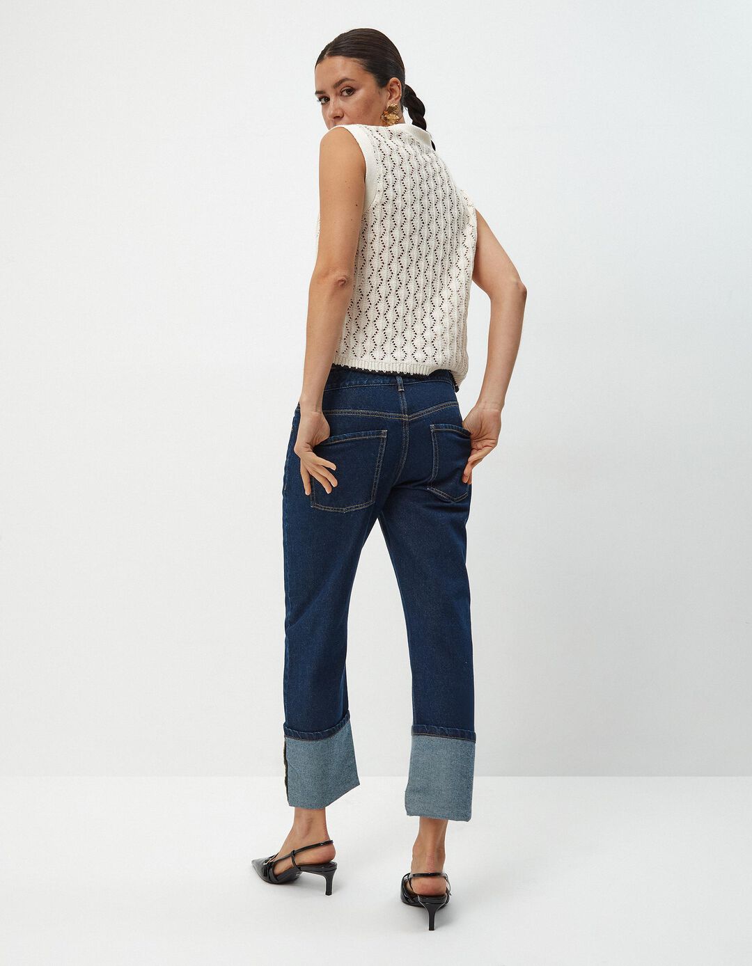 Calças de Ganga 'Slim fit' Dobra, Mulher, Azul Escuro