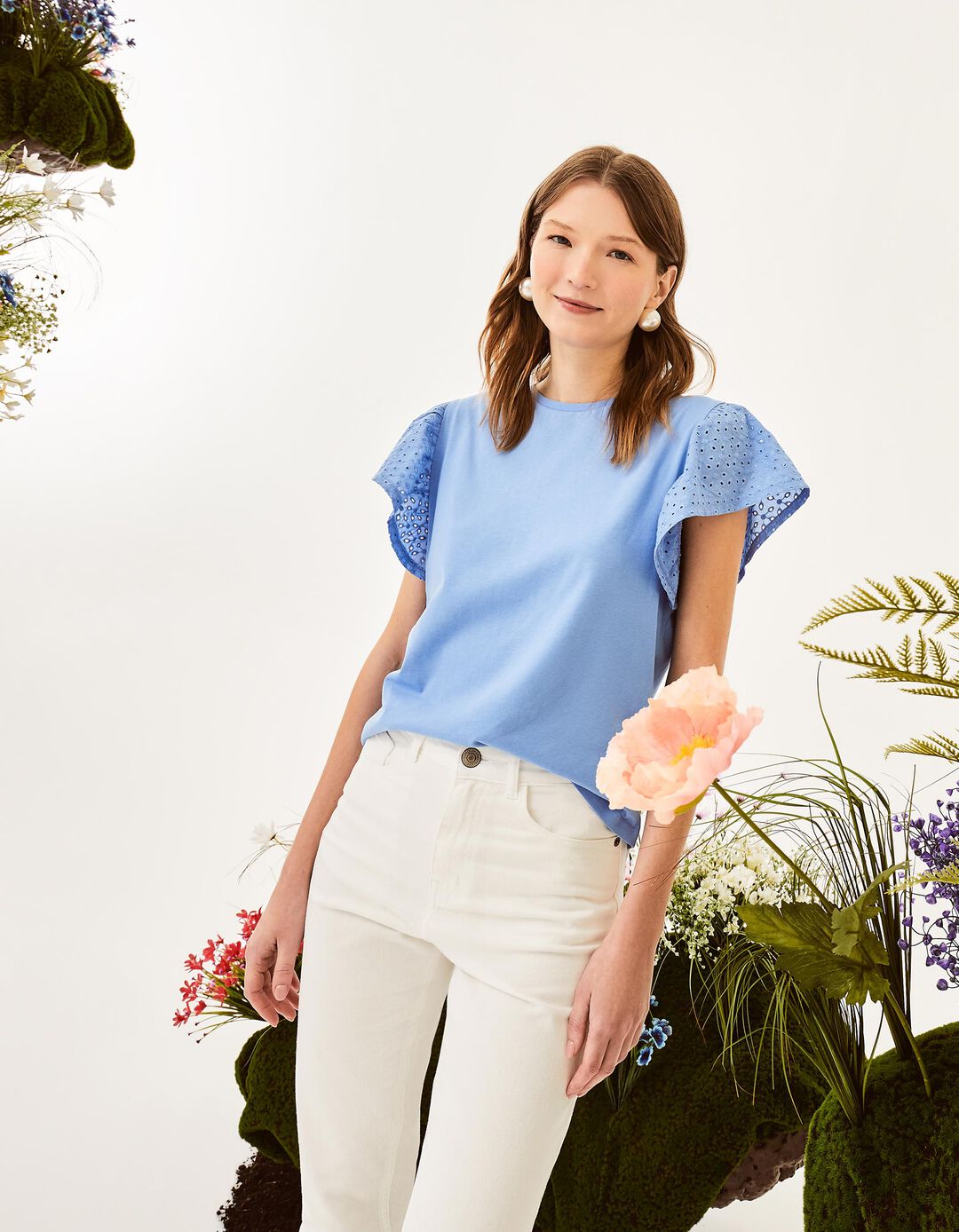 T-shirt com Bordado Inglês, Mulher, Azul