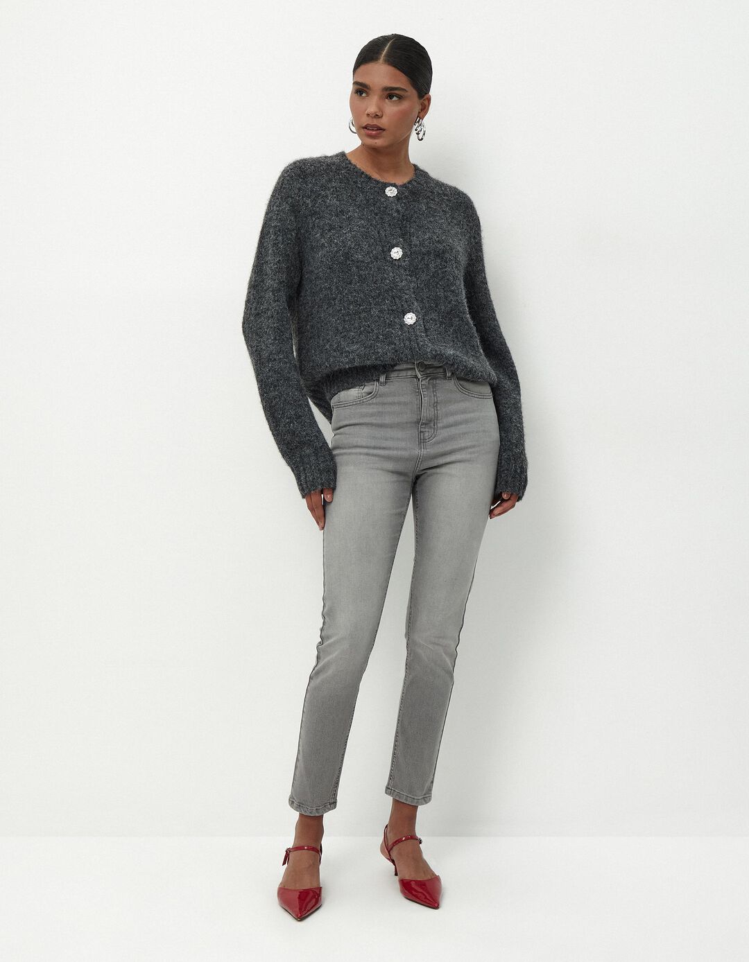 Calças de Ganga Skinny, Mulher, Cinzento
