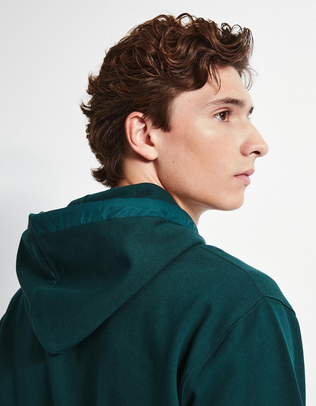 Sweatshirt de Felpa Detalhes Nylon Capuz, Homem, Verde Escuro