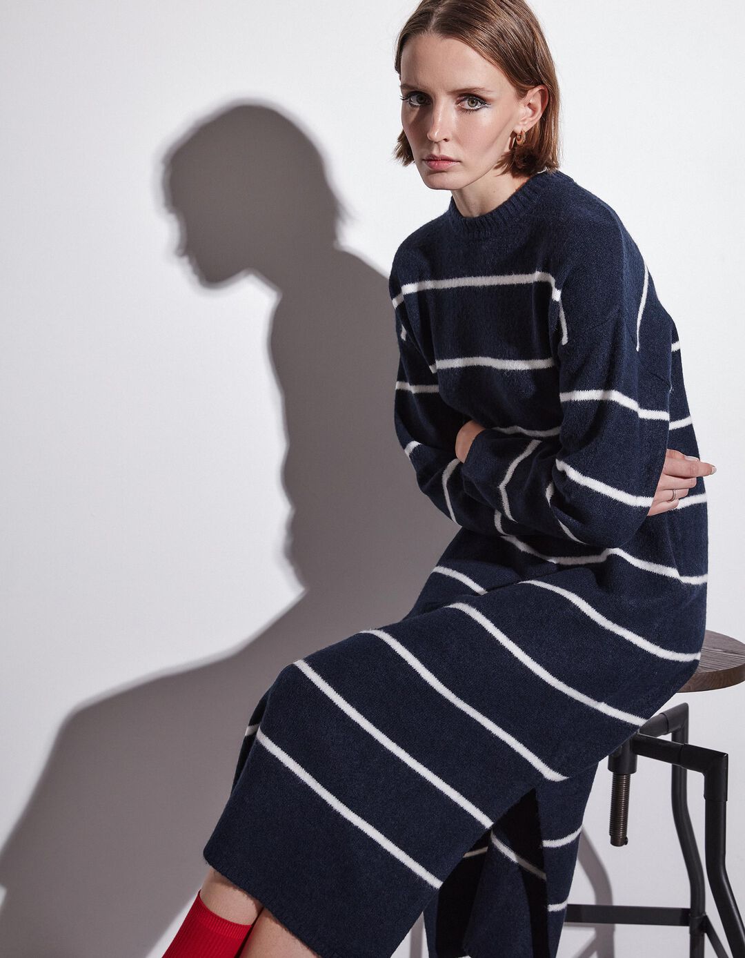 Vestido Riscas Mistura de Lã, Mulher, Azul Escuro