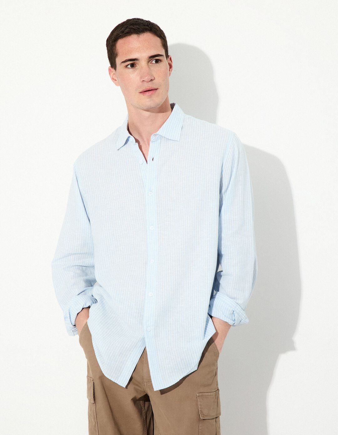 Camisa Riscas de Linho, Homem, Azul Claro 