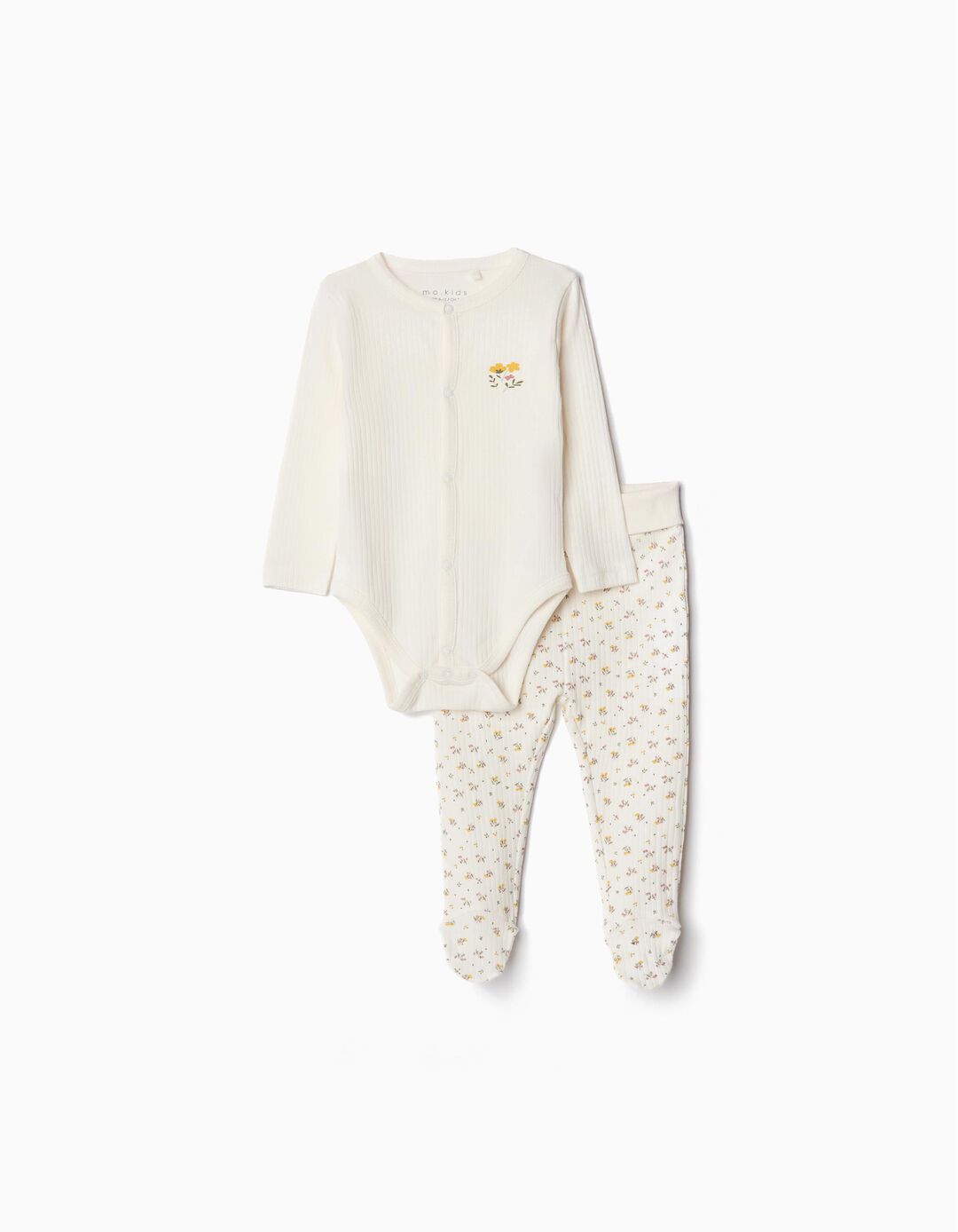 Conjunto Canelado Body de Manga Comprida + Calças Pés, Menina, Bege Claro