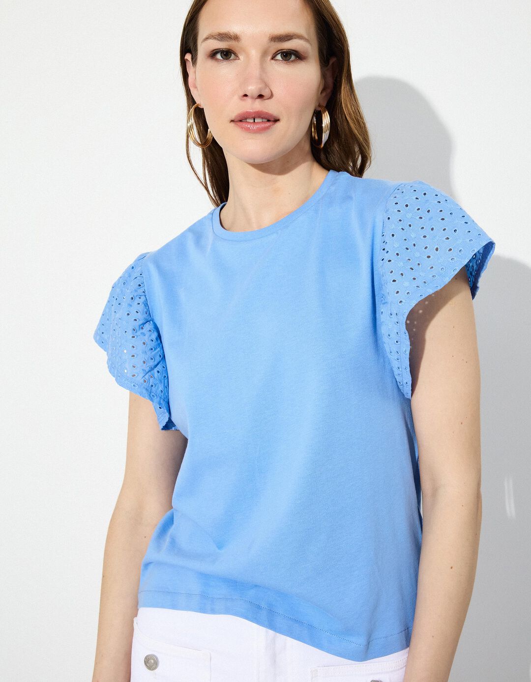 T-shirt com Bordado Inglês, Mulher, Azul