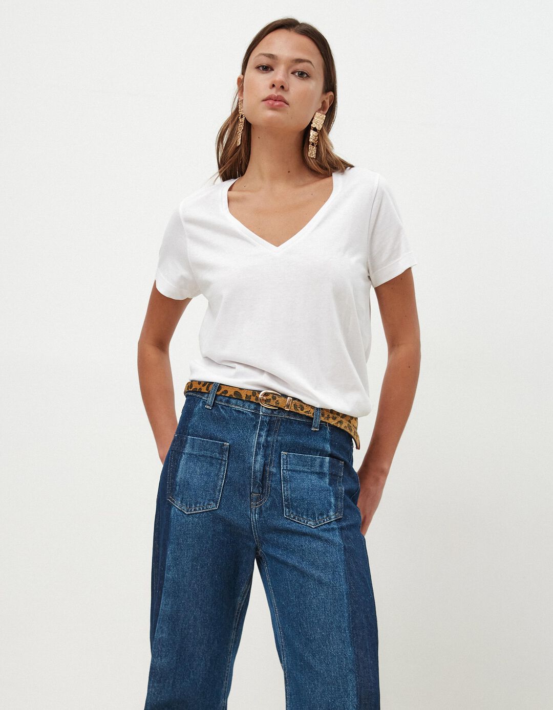 T-shirt Decote em V, Mulher, Branco