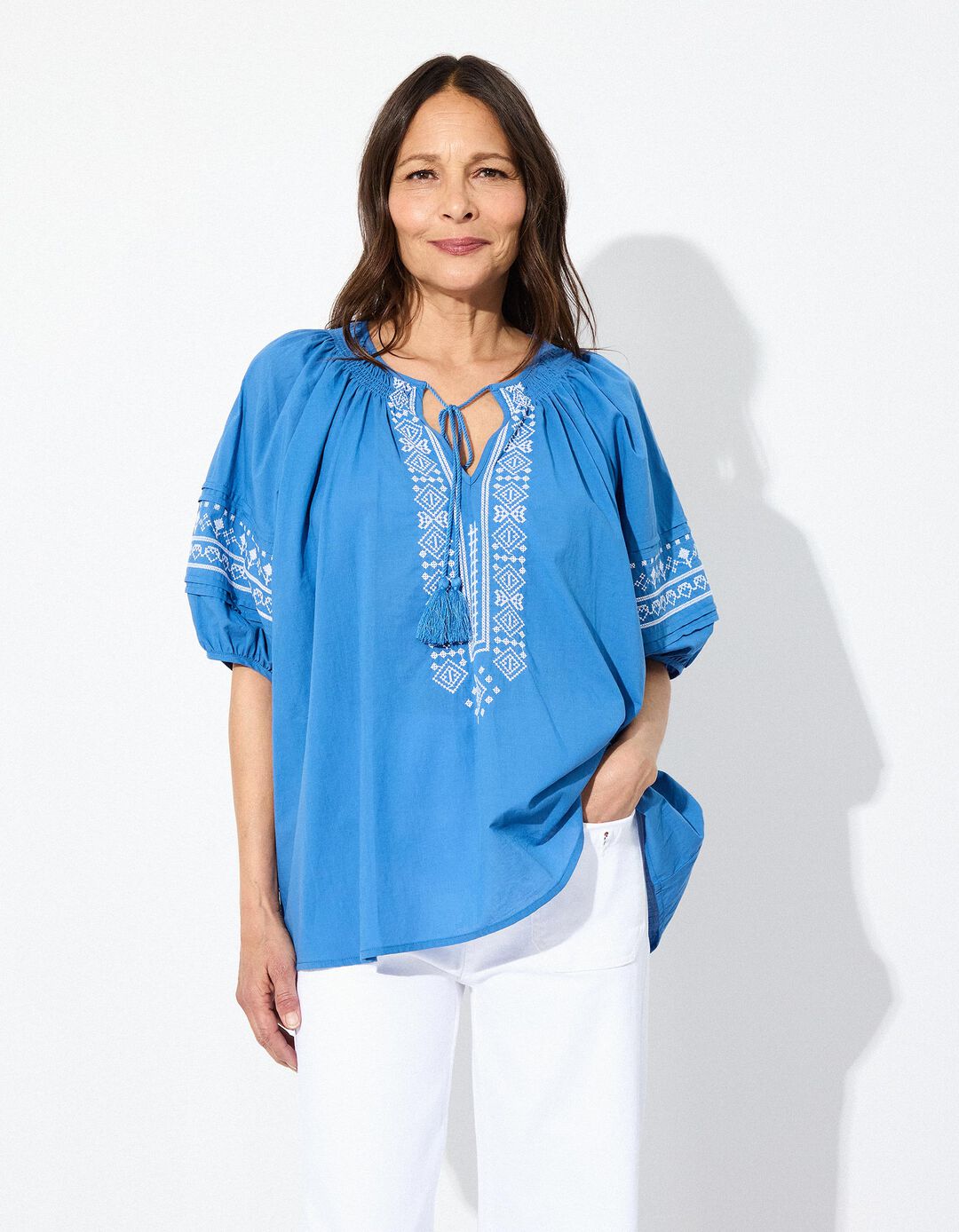 Blusa com Bordados, Mulher, Azul