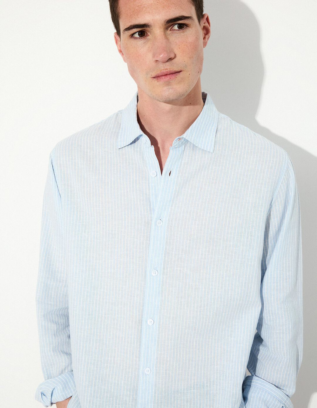 Camisa Riscas de Linho, Homem, Azul Claro 