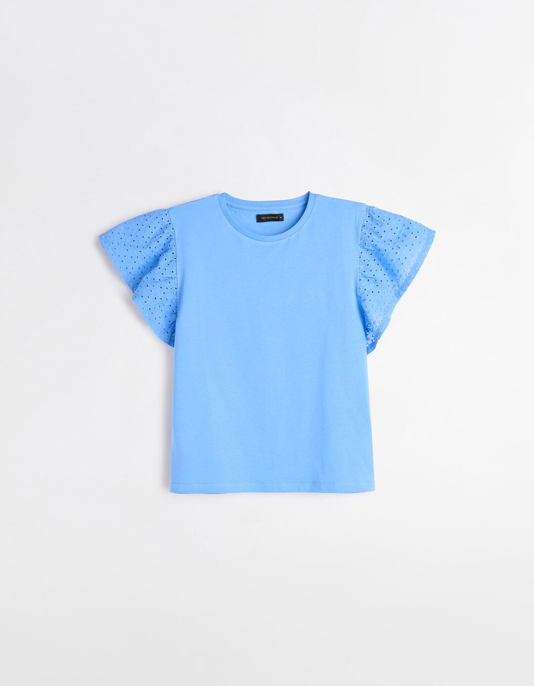 T-shirt com Bordado Inglês, Mulher, Azul