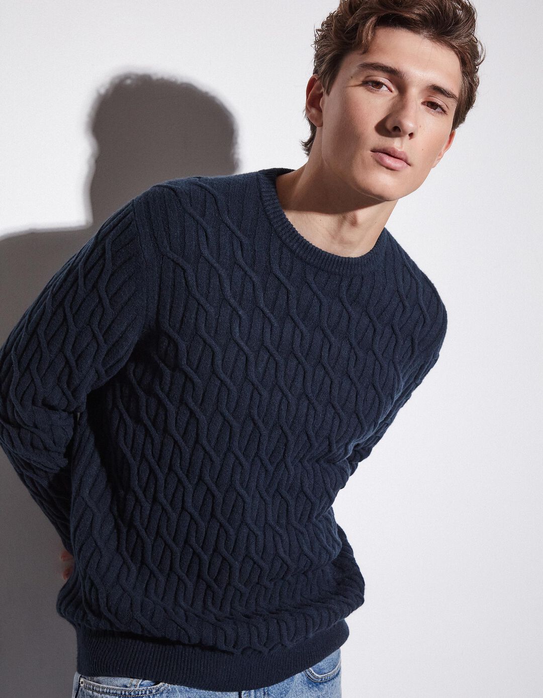 Camisola de Malha Entrançada, Homem, Azul Escuro