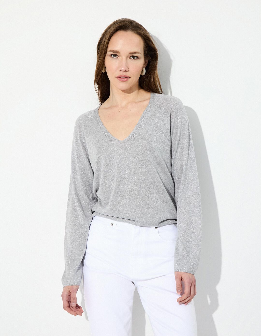 Camisola Decote em V, Mulher, Cinzento