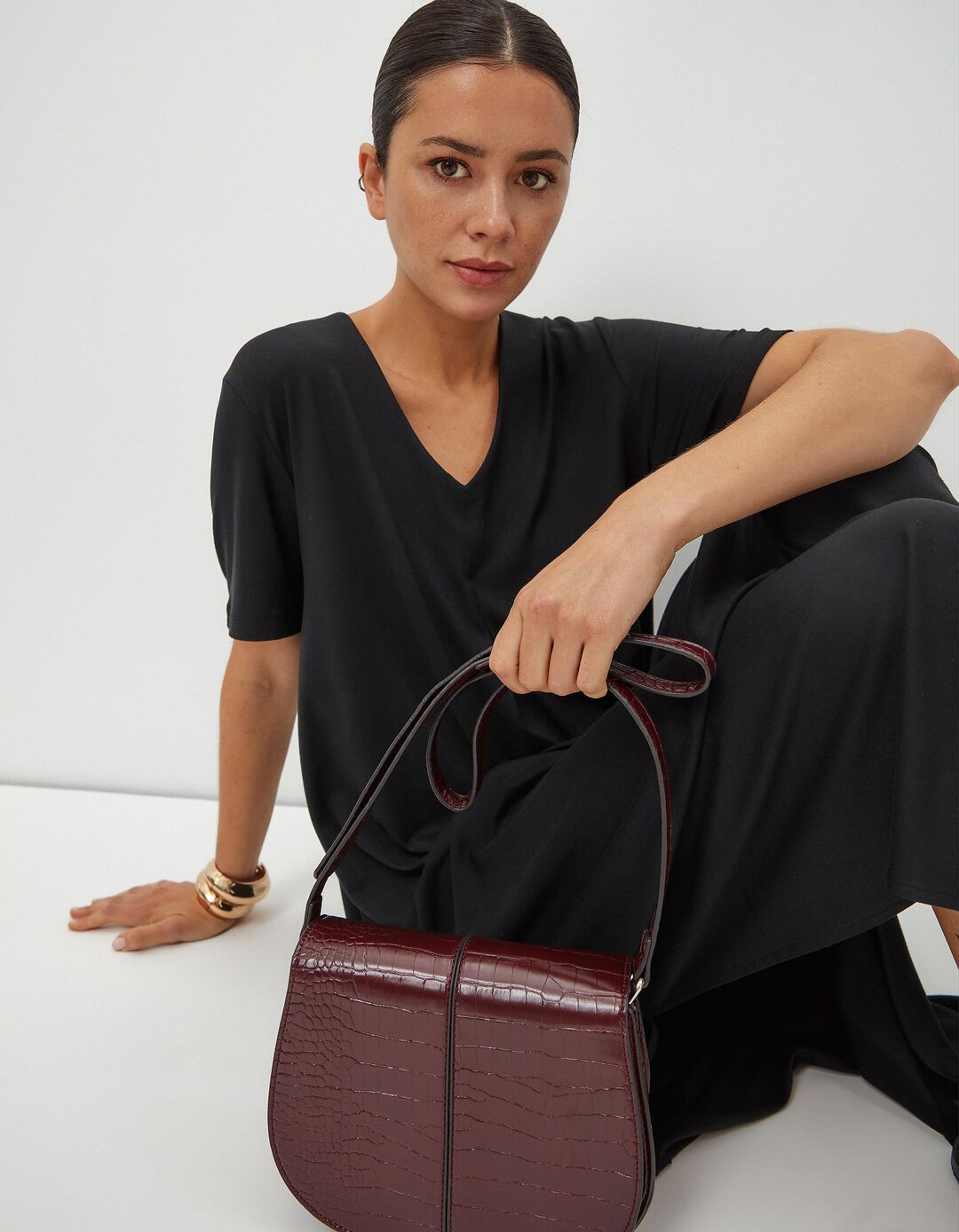 Vestido T-shirt Decote em V, Mulher, Preto