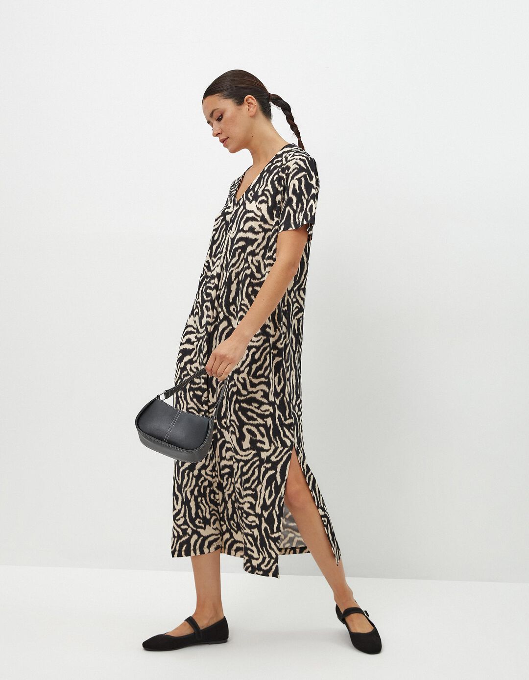 Vestido Estampado Decote em V, Mulher, Bege