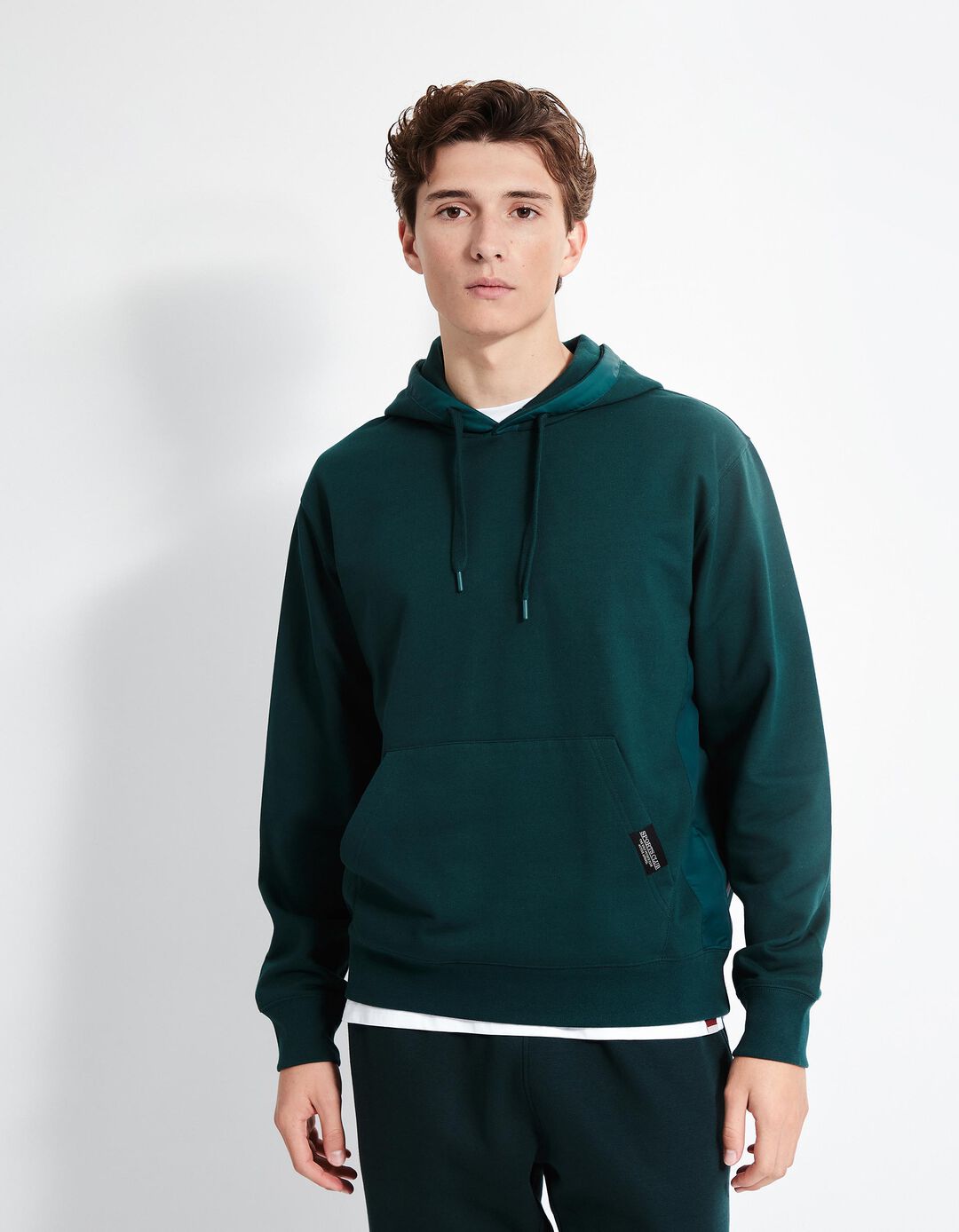 Sweatshirt de Felpa Detalhes Nylon Capuz, Homem, Verde Escuro