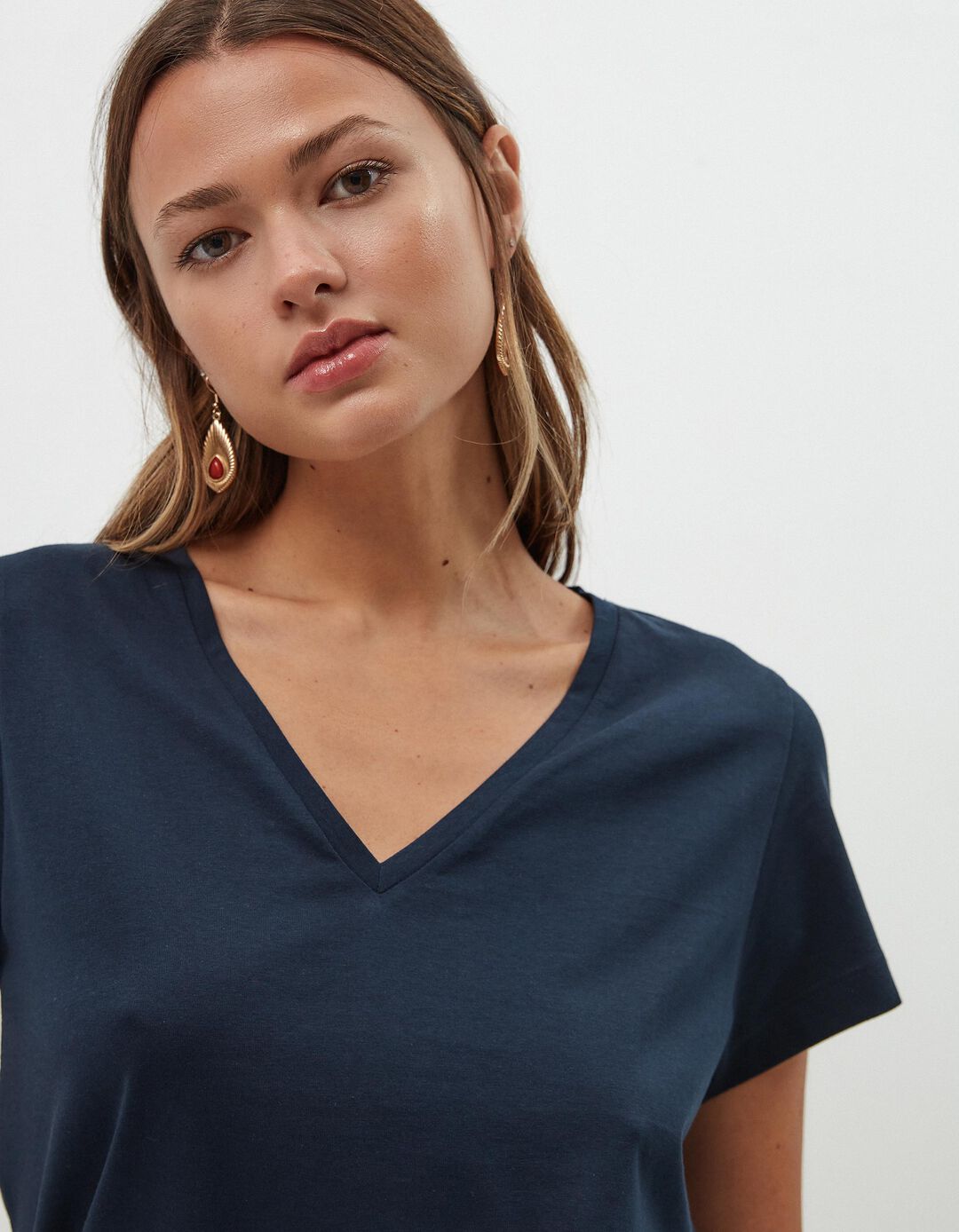 T-shirt Decote em V, Mulher, Azul Escuro