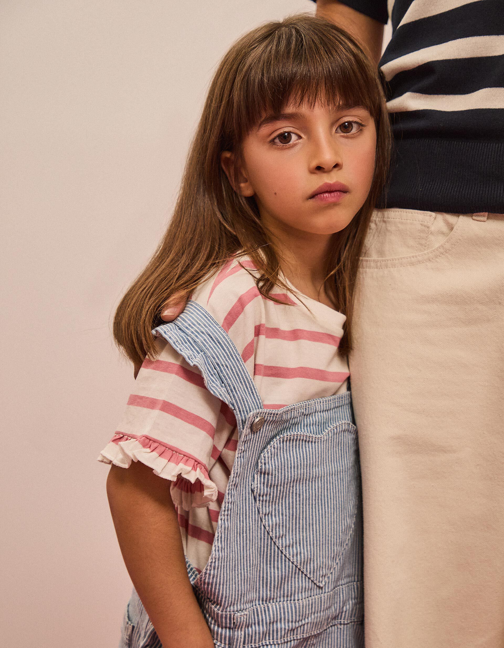 Jardineiras Riscas Com Folhos, Menina, Azul Claro 