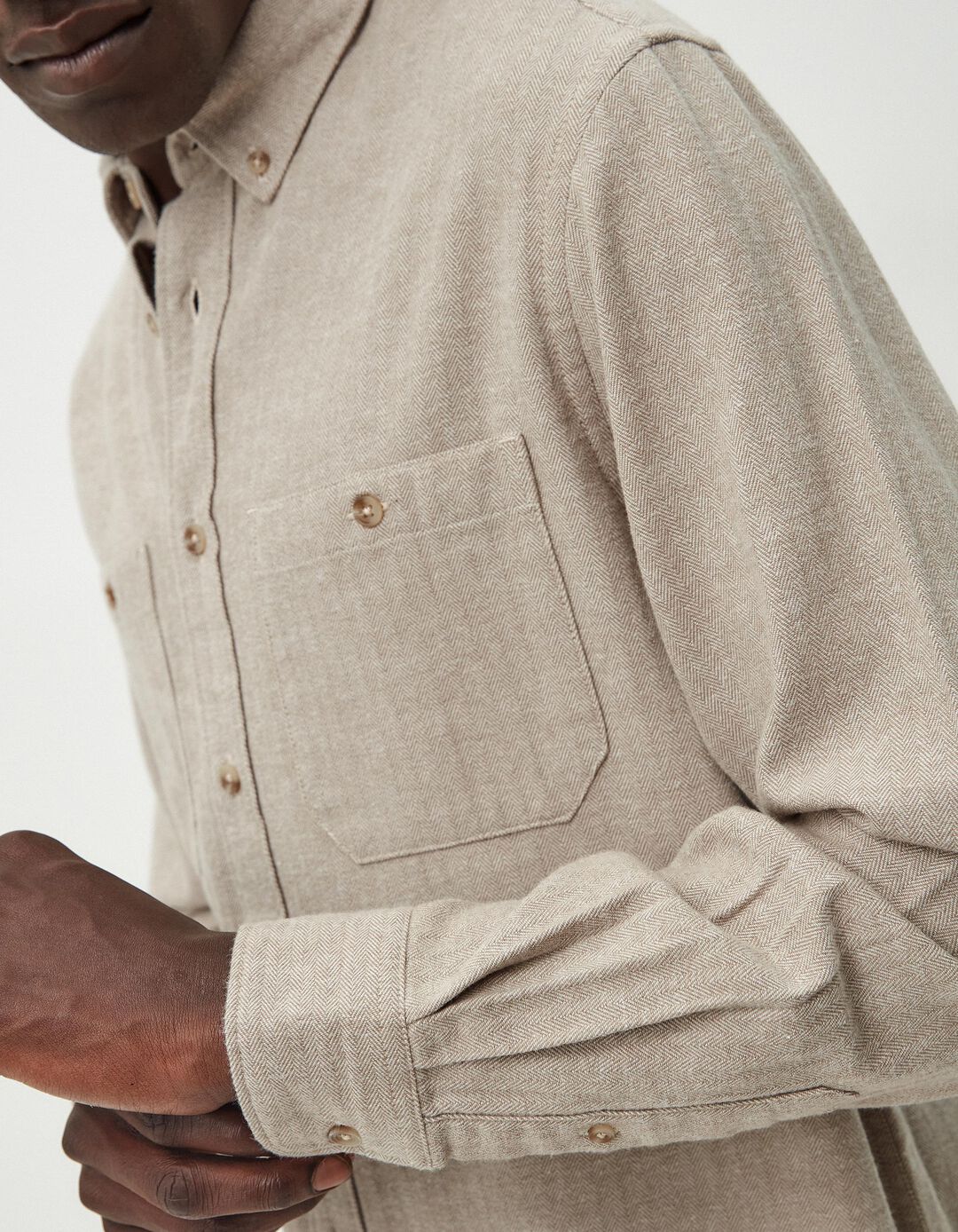 Camisa de Manga Comprida Espinha de Peixe, Homem, Bege Claro