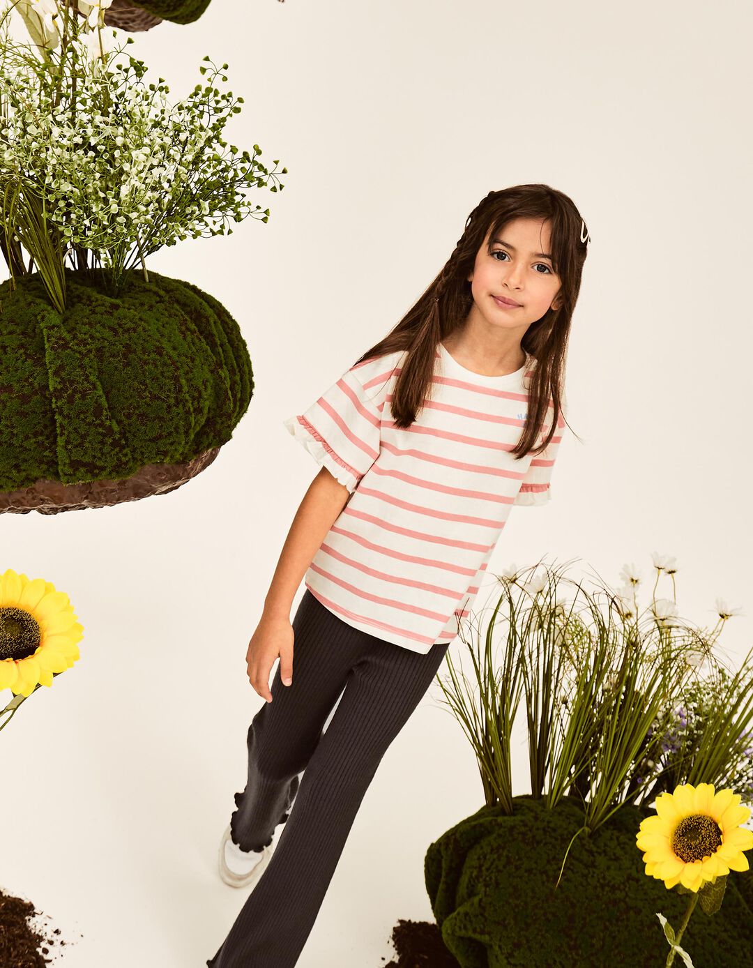 T-shirt Riscas, Menina, Rosa Claro
