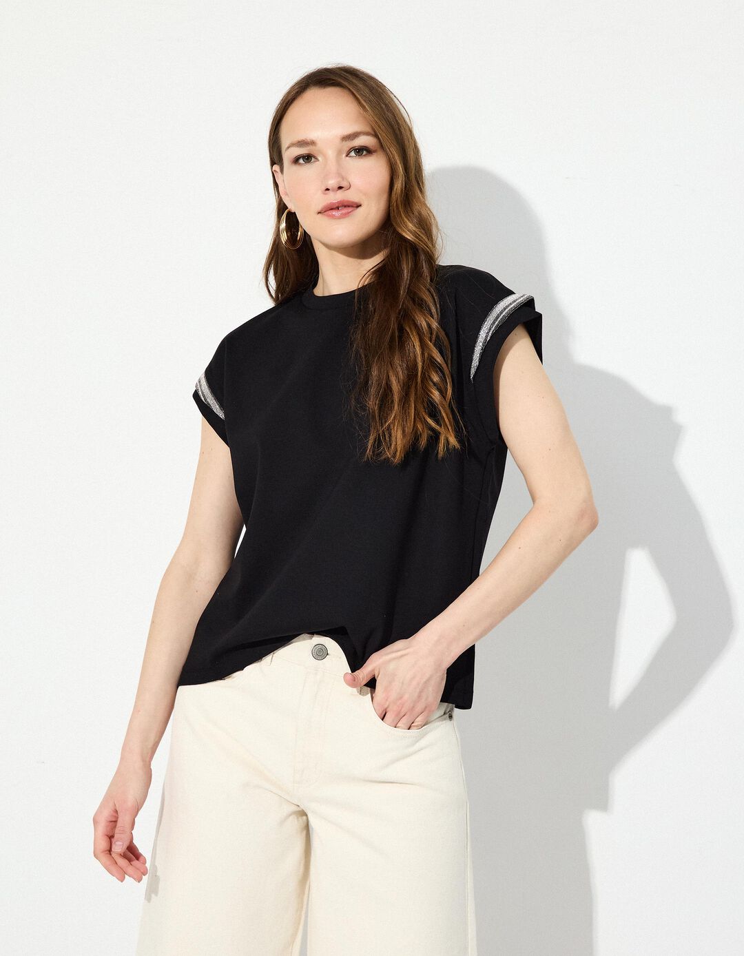 T-shirt com Brilhantes, Mulher, Preto