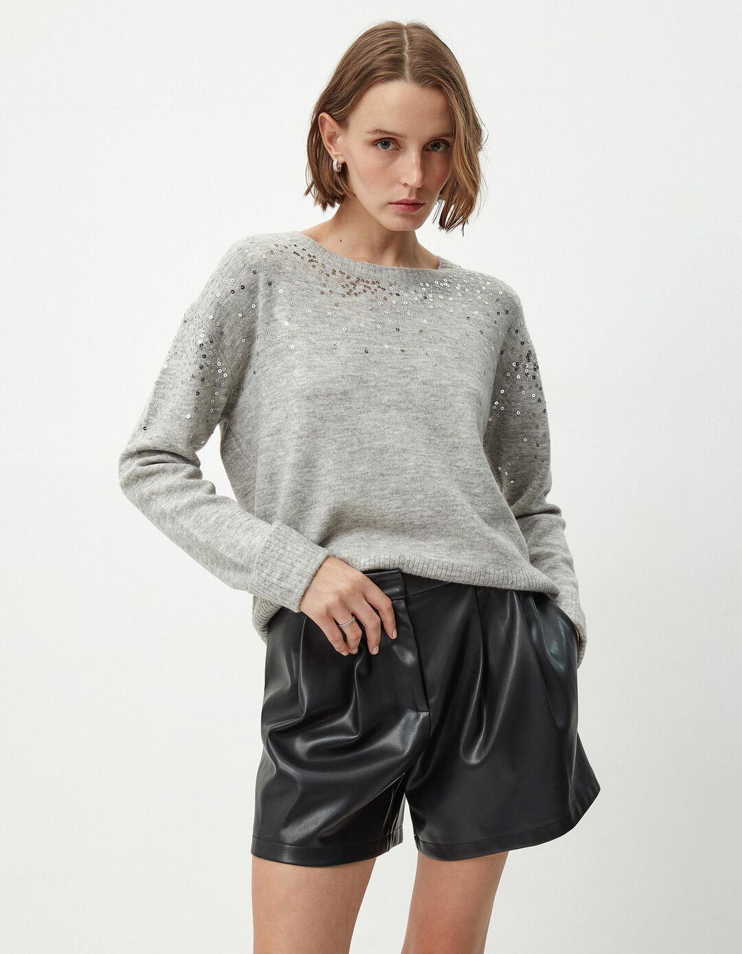 Camisola de Malha Lantejoulas, Mulher, Cinzento Claro