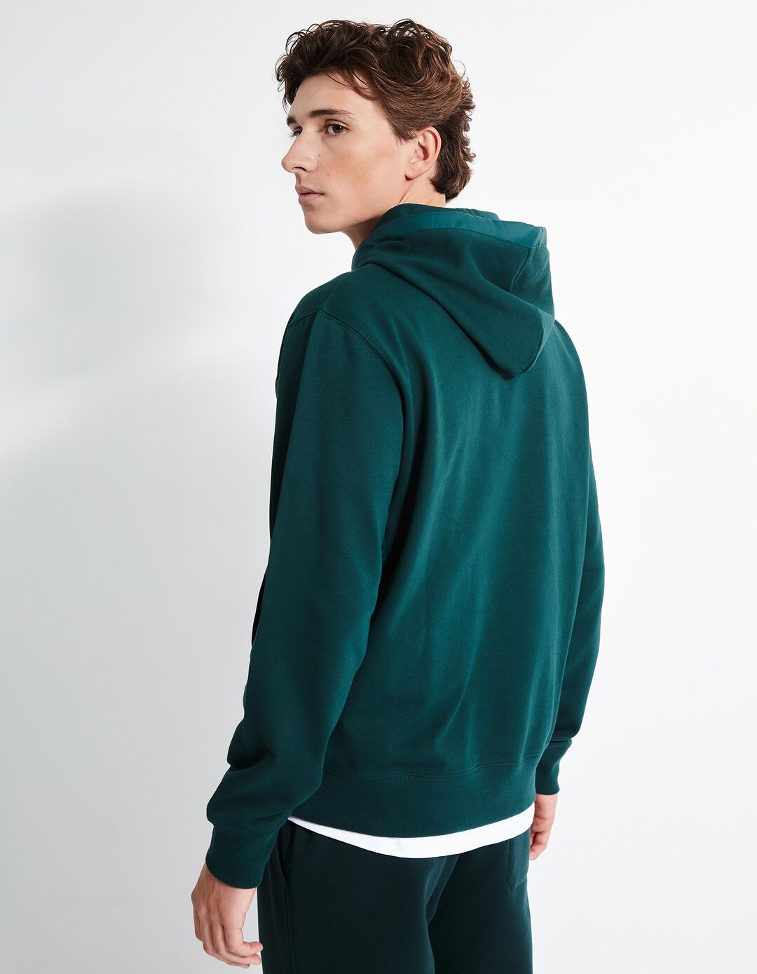 Sweatshirt de Felpa Detalhes Nylon Capuz, Homem, Verde Escuro