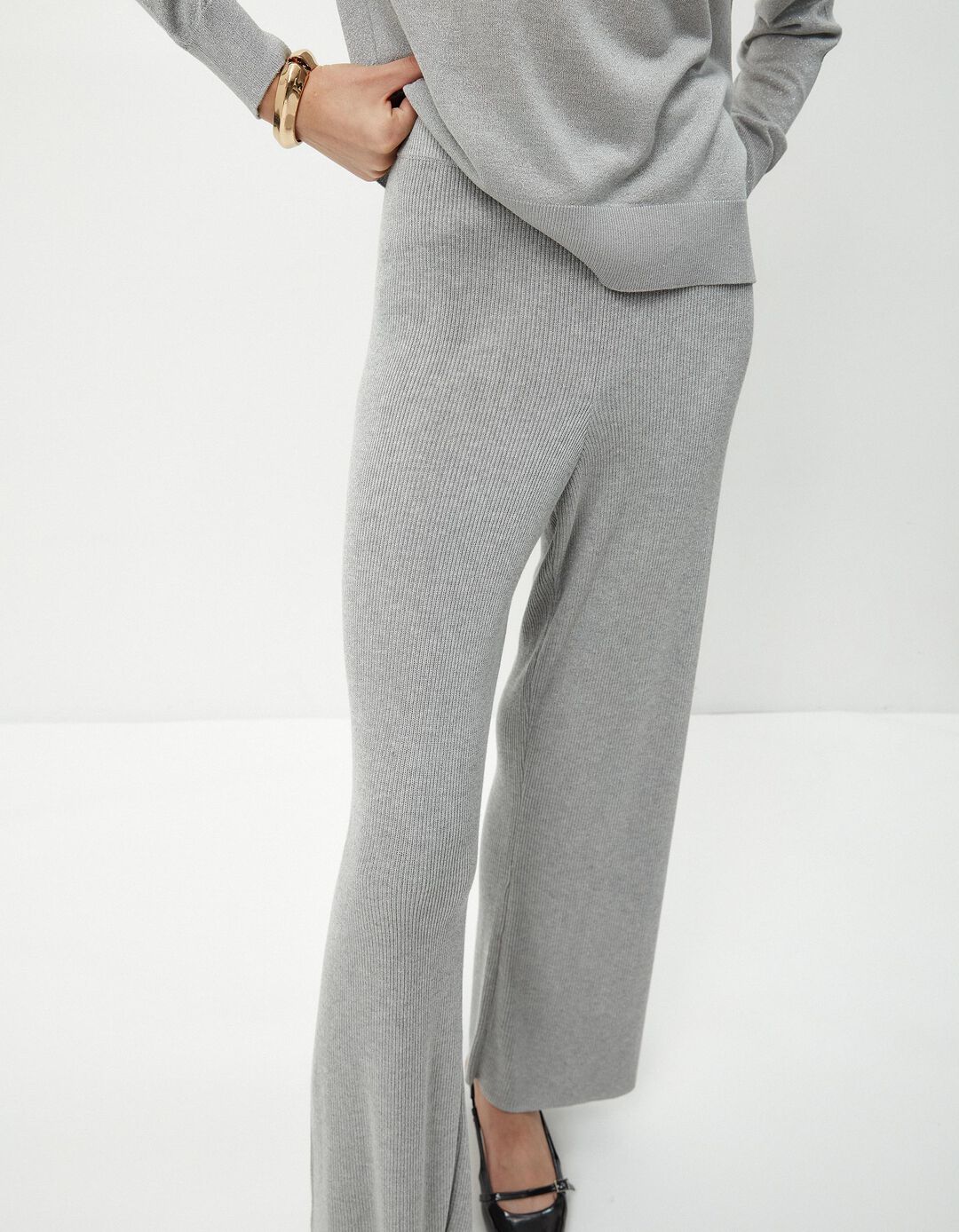 Calças de Malha Canelada Lurex, Mulher, Cinzento Claro