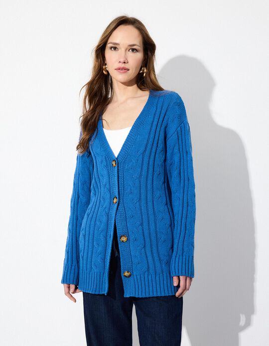Comprar Online Casaco de Malha Comprido Entrançada, Mulher, Azul
