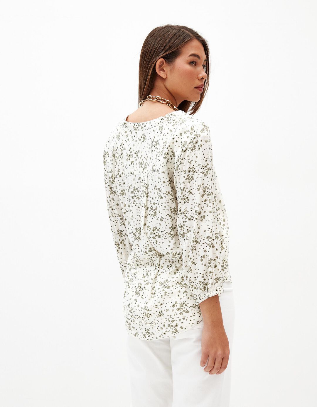 Blusa Estampada Decote em V, Mulher, Bege Claro