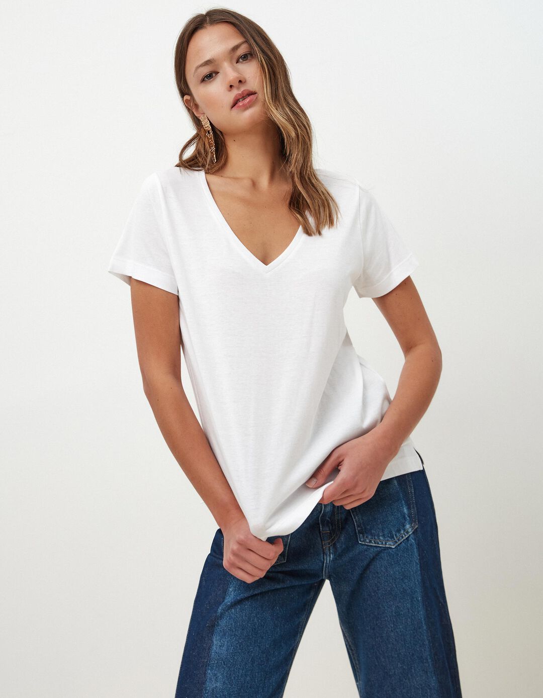 T-shirt Decote em V, Mulher, Branco