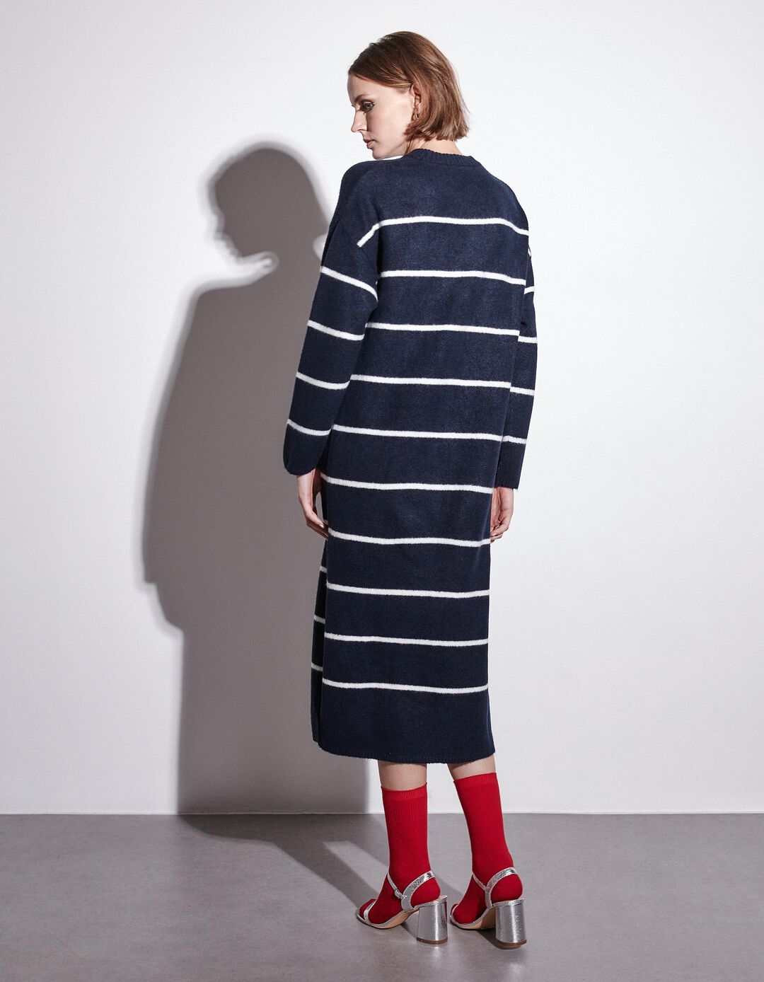 Vestido Riscas Mistura de Lã, Mulher, Azul Escuro